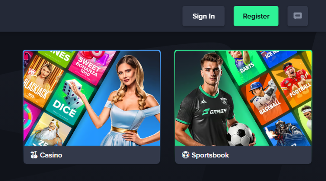 Gamba header with the Register button, where the sign-up form opens