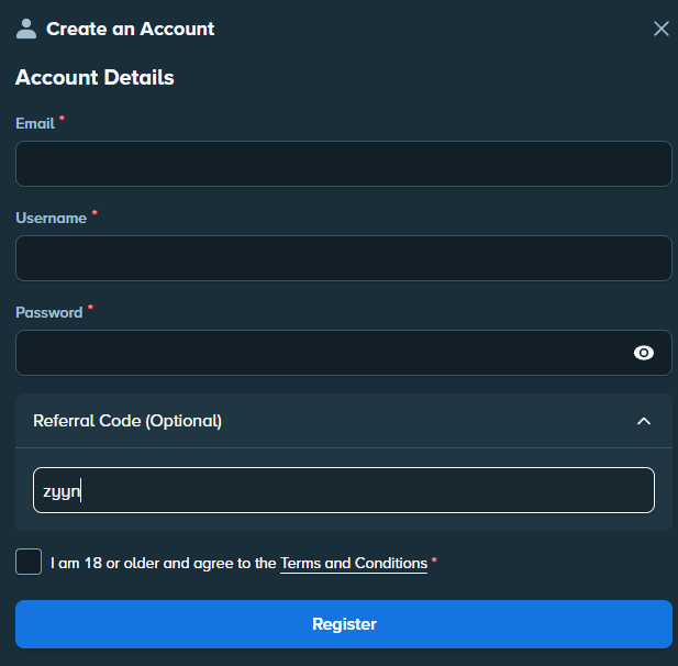 Stake create account form with referral code ZYYN filled in